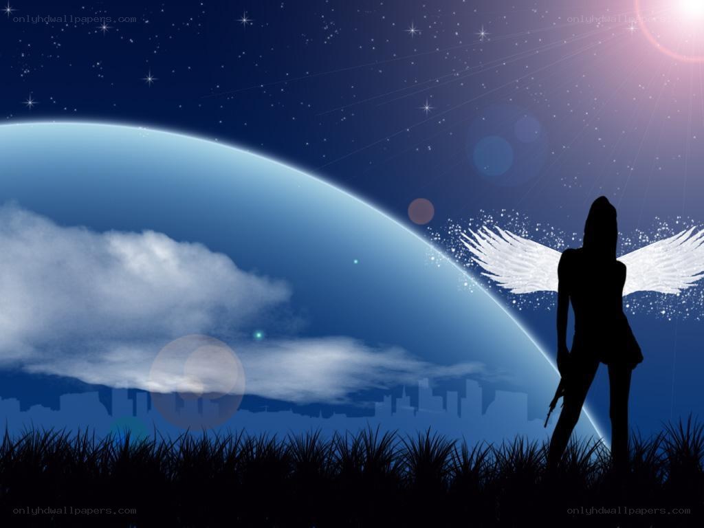 Angel with wings on planet
