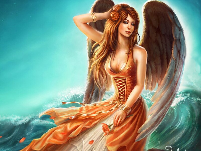 Angel with Wings — Orange, Dramatic, Digital Art, Dress