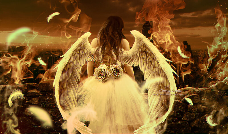 Angel with Wings — Orange, Dramatic, Sunset, Digital Art