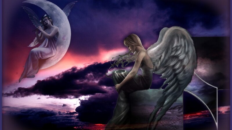 Angel with Wings — Purple, Dramatic, Night, Digital Art, Moon, Flute