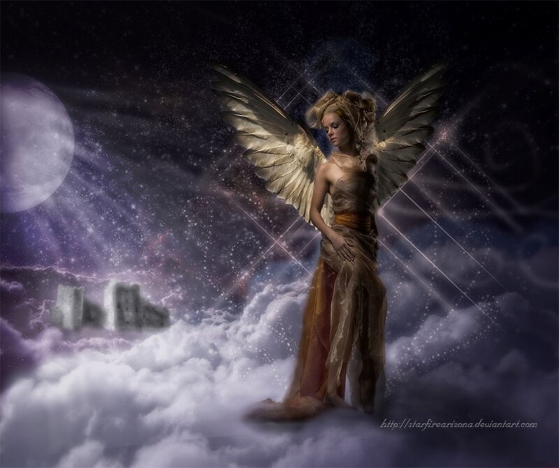 Angel with Wings — Purple, Dramatic, Night, Digital Art, Moon