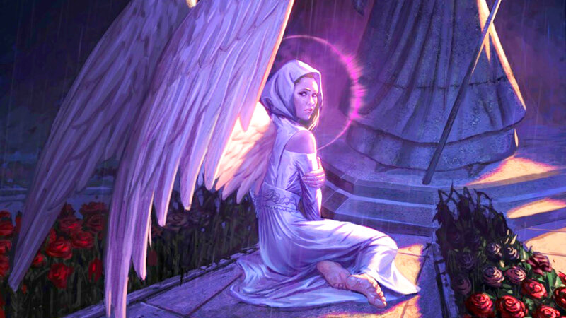 Angel with Wings — Purple, Dramatic, Night, Digital Art, Roses