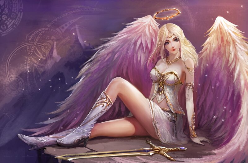 Angel with Wings — Purple, Dramatic, Night, Digital Art, Sword