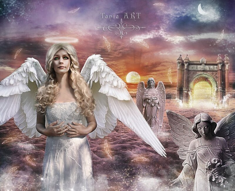 Angel with Wings — Purple, Dramatic, Sunset, Digital Art