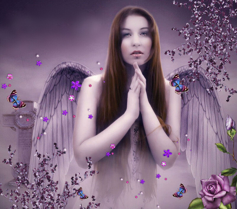 Angel with Wings — Purple, Serene, Digital Art, Butterflies