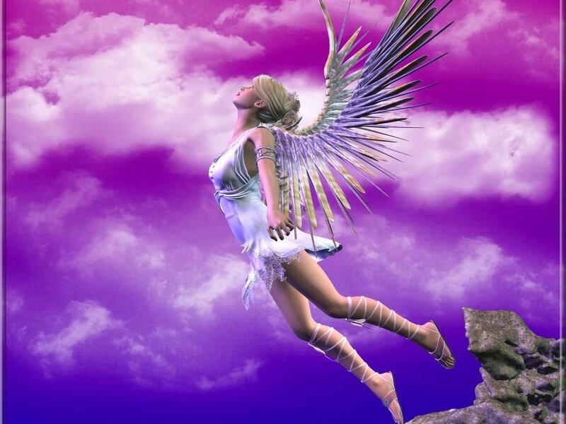 Angel with Wings — Purple, Serene, Digital Art, Clouds