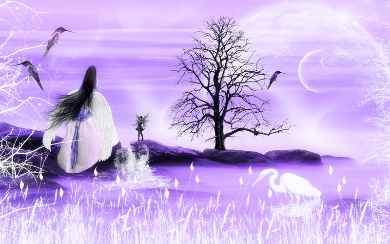 Angel with Wings — Purple, Serene, Night, Digital Art, Fairy