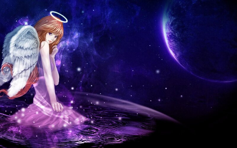 Angel with Wings — Purple, Serene, Night, Digital Art, Halo