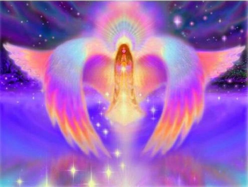 Angel with Wings — Purple, Serene, Night, Digital Art, Stars, Light