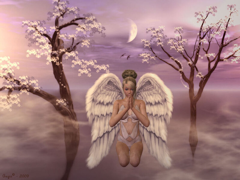 Angel with Wings — Purple, Serene, Night, Digital Art