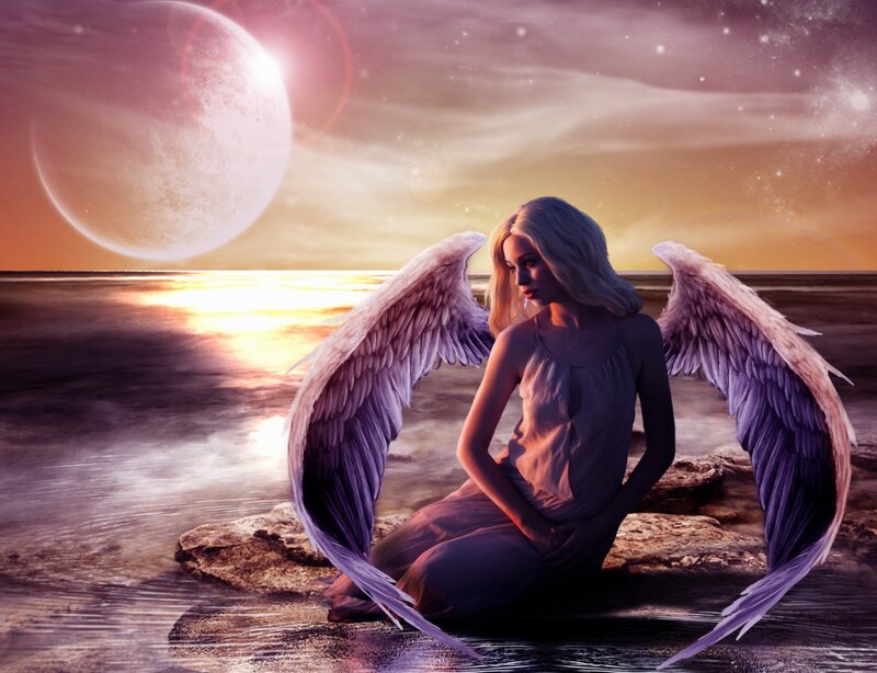 Angel with Wings — Purple, Serene, Sunset, Digital Art