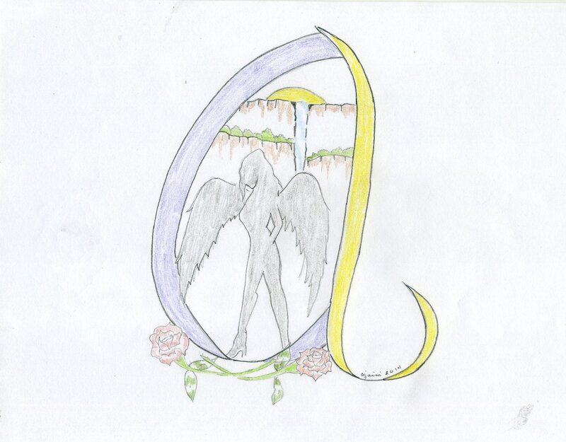 Angel with Wings — Purple, Serene, Sunset, Illustration, Flowers