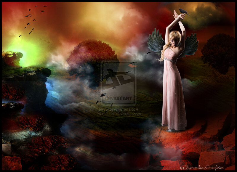 Angel with Wings — Red, Dramatic, Night, Digital Art