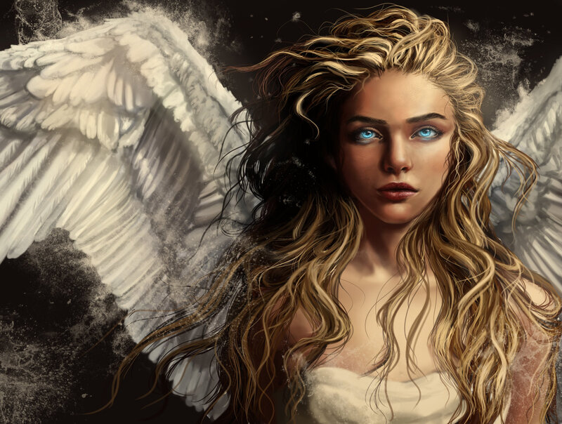 Angel with Wings — White, Dramatic, Digital Art, Blue Eyes