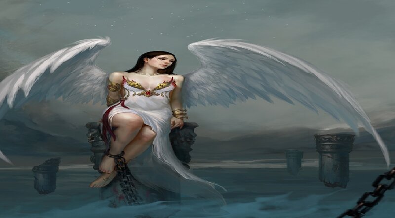 Angel with Wings — White, Dramatic, Digital Art, Chains