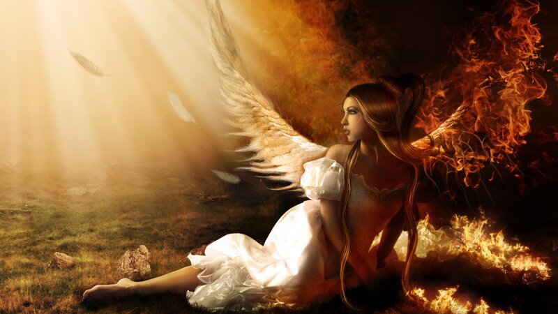 Angel with Wings — White, Dramatic, Digital Art, Fire, Feathers