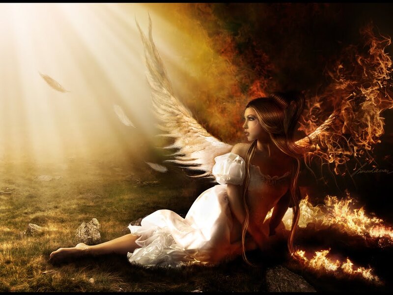 Angel with Wings — White, Dramatic, Digital Art, Fire, Grass