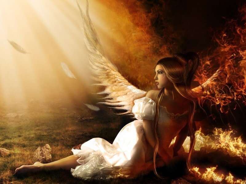 Angel with Wings — White, Dramatic, Digital Art, Fire