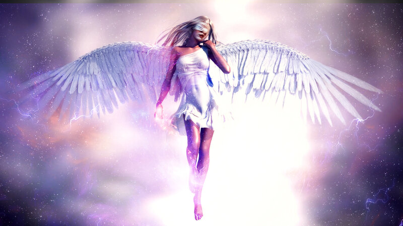 Angel with Wings — White, Dramatic, Digital Art, Lightning