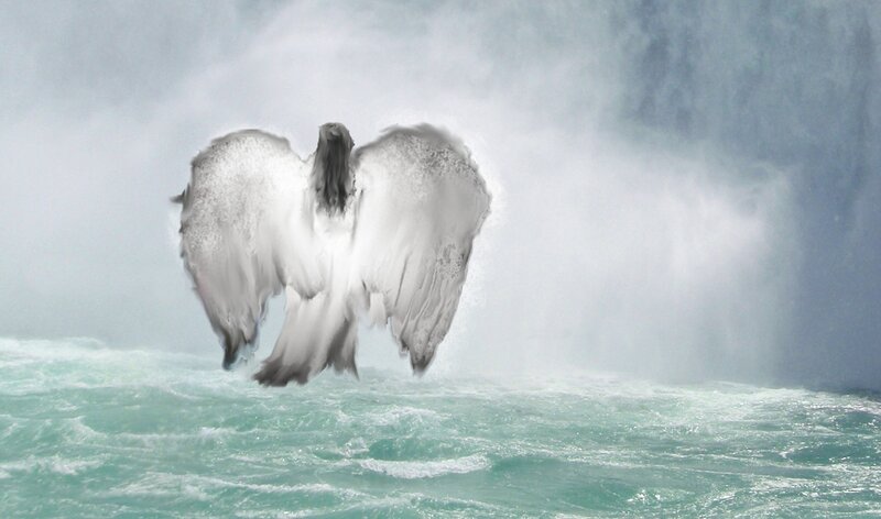 Angel with Wings — White, Dramatic, Digital Art, Waterfall