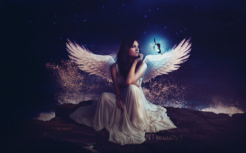 Angel with Wings — White, Dramatic, Night, Digital Art, Butterfly