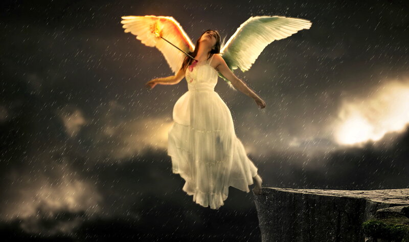 Angel with Wings — White, Dramatic, Night, Digital Art, Rain