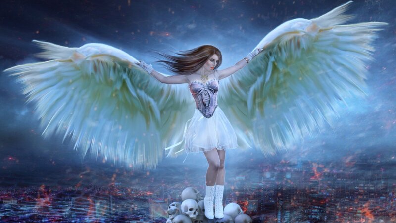 Angel with Wings — White, Dramatic, Night, Digital Art, Skulls
