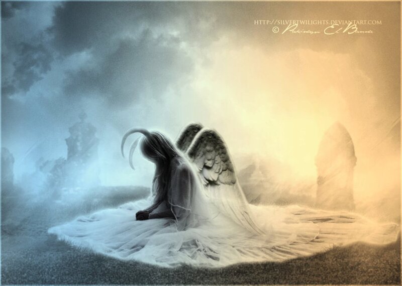 Angel with Wings — White, Dramatic, Night, Digital Art, Tombstones
