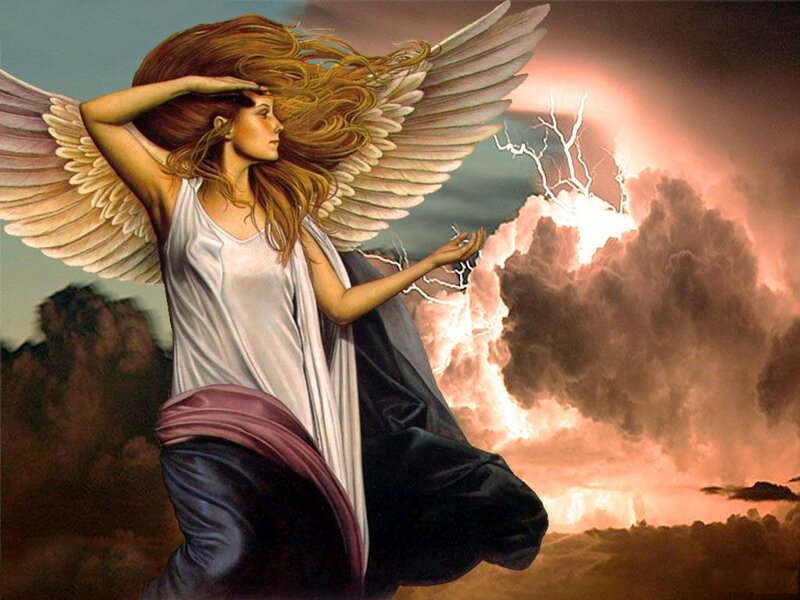 Angel with Wings — White, Dramatic, Sunset, Digital Art
