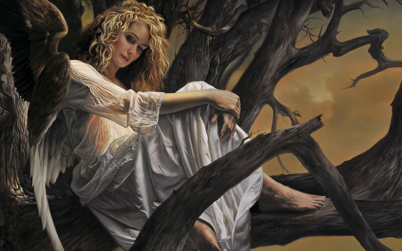 Angel with Wings — White, Dramatic, Sunset, Painting, Tree
