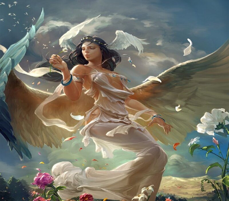 Angel with Wings — White, Serene, Afternoon, Digital Art, Flowers