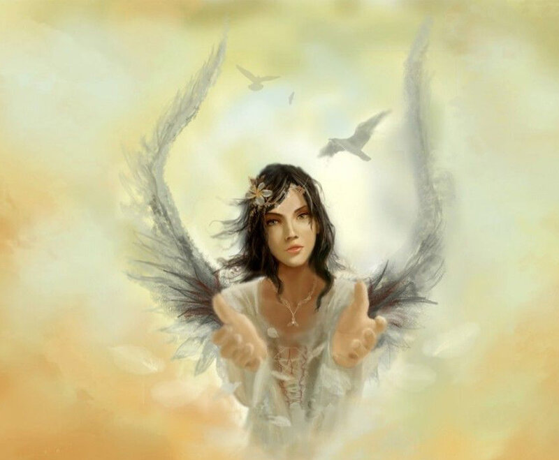 Angel with Wings — White, Serene, Digital Art, Birds
