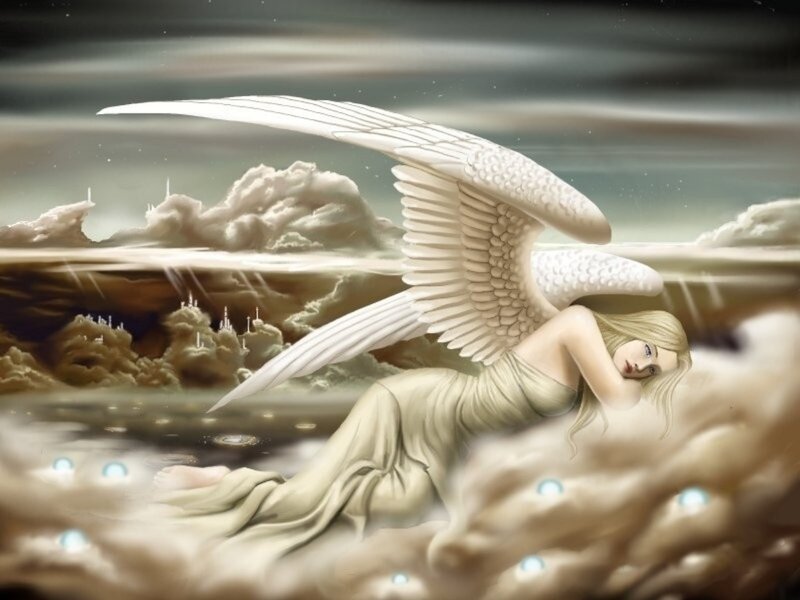Angel with Wings — White, Serene, Digital Art, Clouds