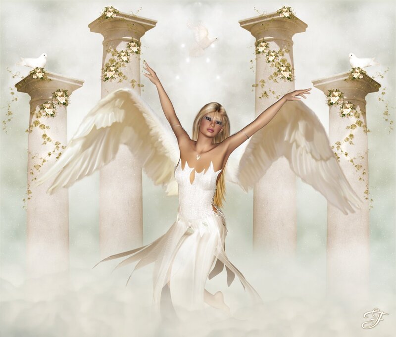 Angel with Wings — White, Serene, Digital Art, Doves, Columns