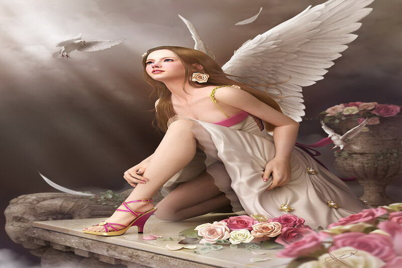 Angel with Wings — White, Serene, Digital Art, Doves, Roses