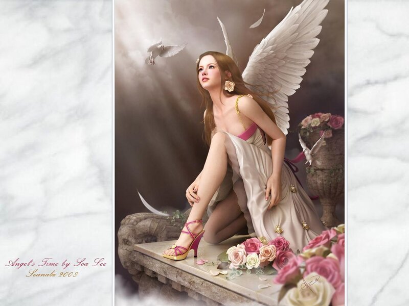 Angel with Wings — White, Serene, Digital Art, Doves