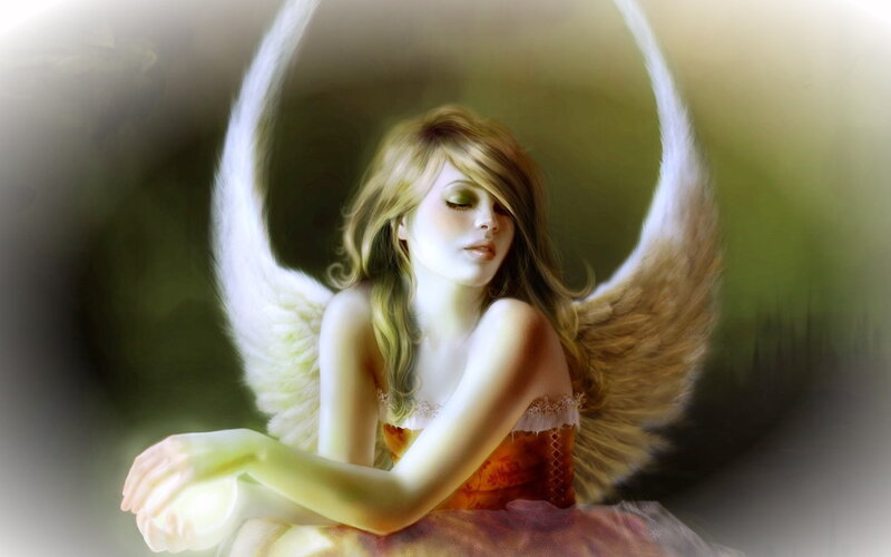 Angel with Wings — White, Serene, Digital Art, Dress, Closed Eyes