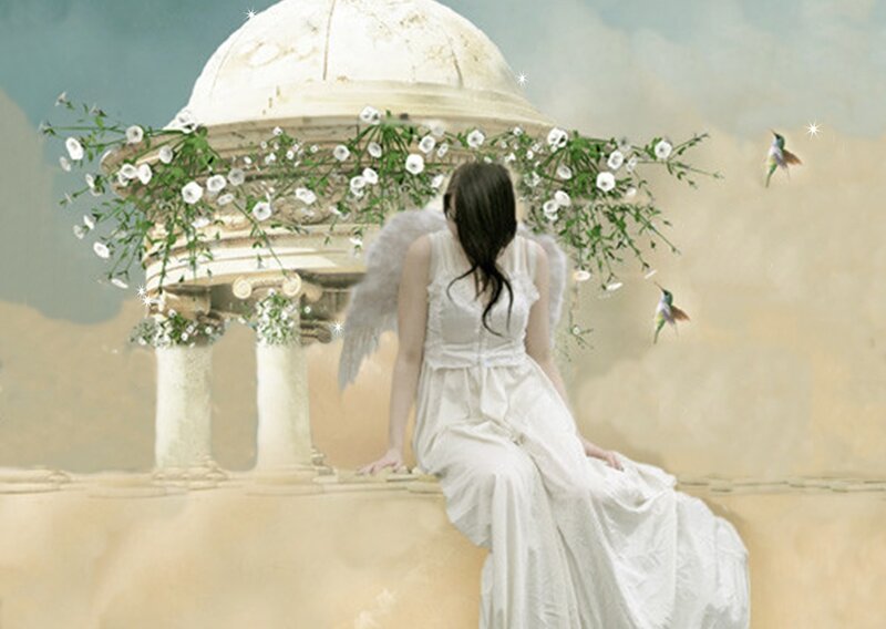 Angel with Wings — White, Serene, Digital Art, Flowers