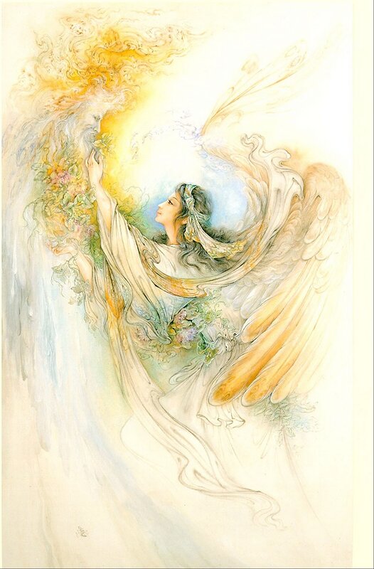 Angel with Wings — White, Serene, Illustration, Flowers