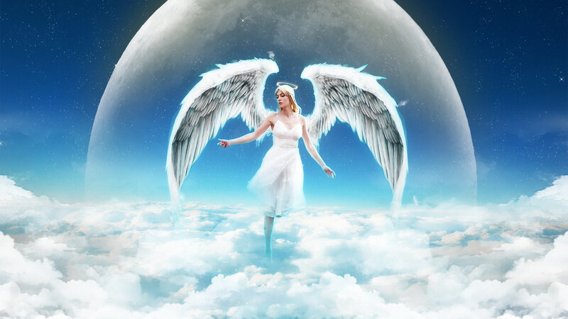 Angel with Wings — White, Serene, Night, Digital Art, Clouds