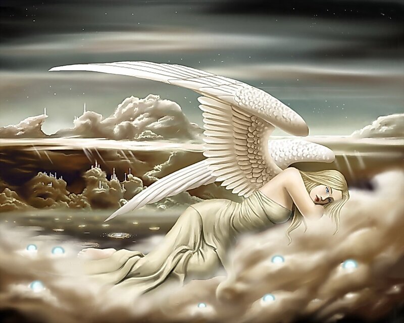 Angel with Wings — White, Serene, Night, Digital Art, Clouds, Woman