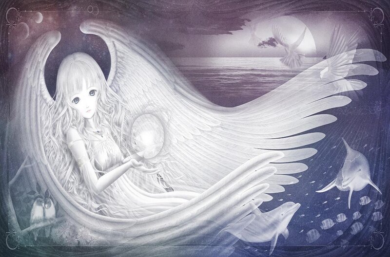 Angel with Wings — White, Serene, Night, Digital Art, Dolphins