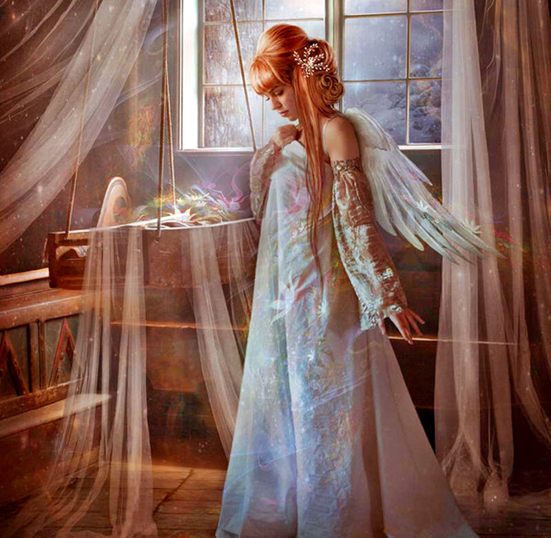 Angel with Wings — White, Serene, Night, Digital Art, Dress