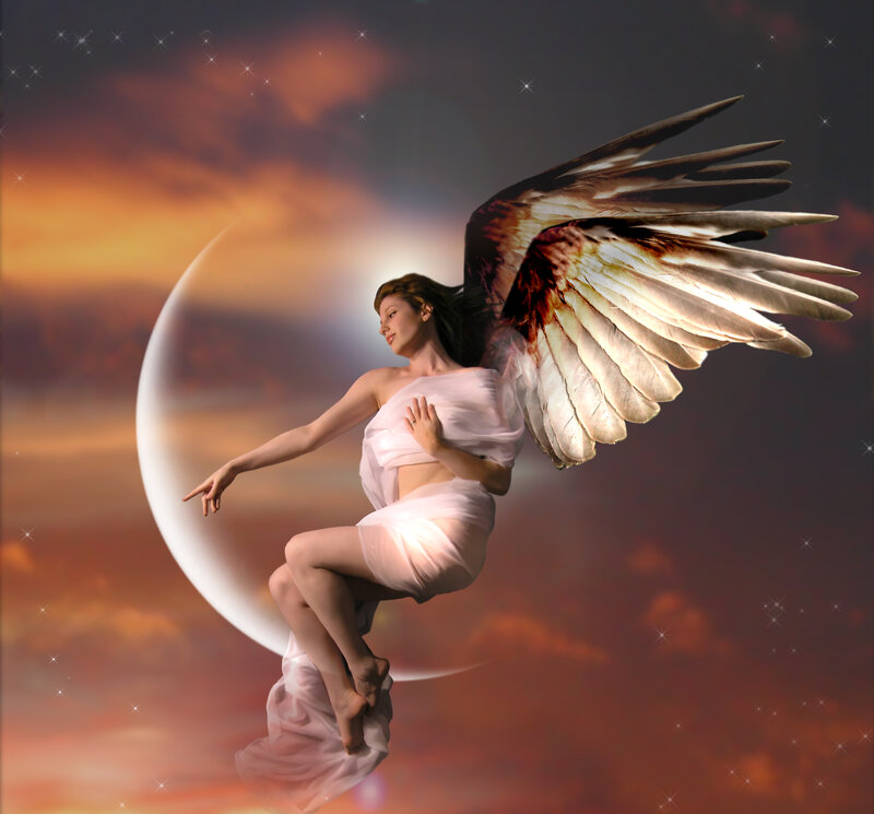 Angel with Wings — White, Serene, Night, Digital Art, Moon, Stars