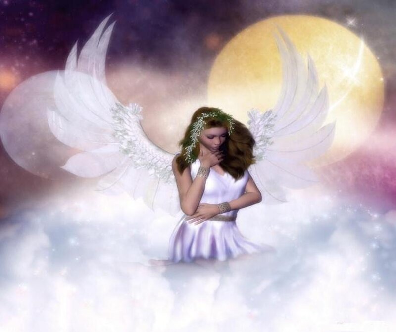 Angel with Wings — White, Serene, Night, Digital Art, Moon