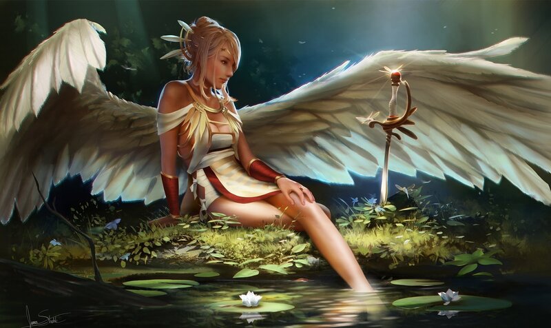 Angel with Wings — White, Serene, Night, Digital Art, Sword