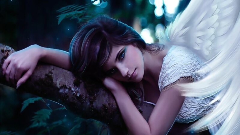 Angel with Wings — White, Serene, Night, Digital Art, Tree Branch