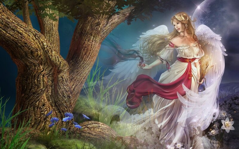 Angel with Wings — White, Serene, Night, Digital Art, Tree