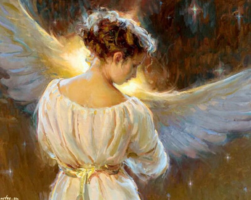 Angel with Wings — White, Serene, Night, Painting