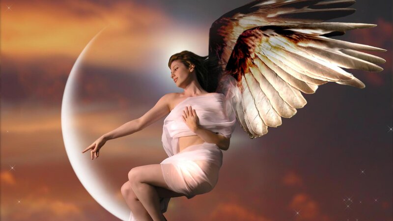 Angel with Wings — White, Serene, Sunset, Digital Art, Moon